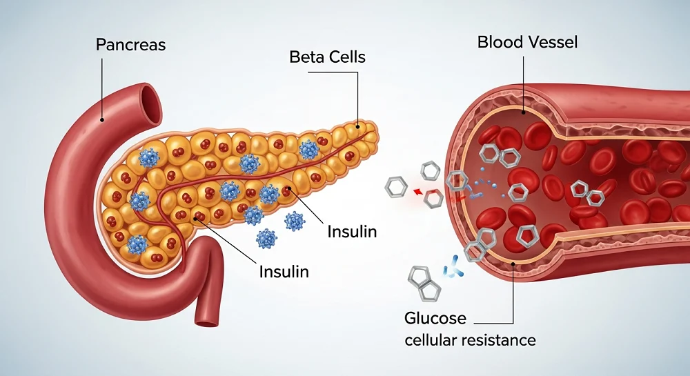 مکانیزم دیابت: پانکراس، انسولین و گلوکز خون بالا. کنترل قند خون و حساسیت به انسولین.