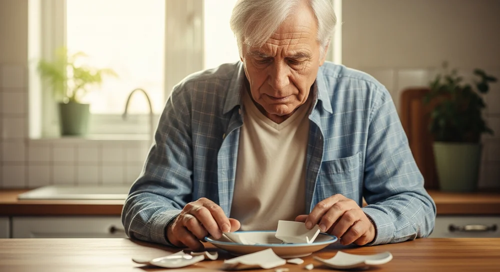 نماد آلزایمر: پیرمردی با بشقاب شکسته؛ چالش فراموشی و از دست دادن کنترل در زندگی روزمره.
