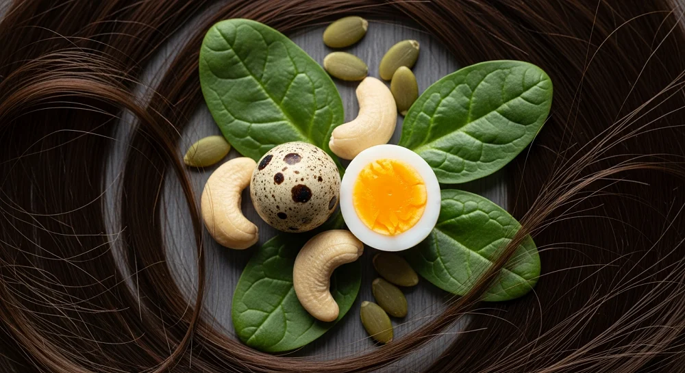 غذاهای غنی از ویتامین برای مو؛ تخم‌بلدرچین، اسفناج و آجیل برای سلامت و پیشگیری سفیدی مو.