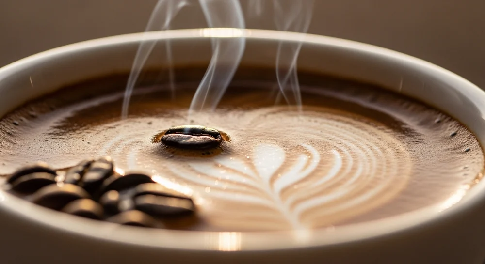 نمای نزدیک از قهوه و دانه قهوه؛ فواید آنتیاکسیدانی برای سلامت قلب.