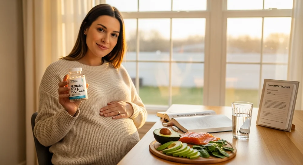 زن باردار شاد در نور آفتاب، بطری ویتامین‌های دوران بارداری را کنار غذاهای سالم و دفترچه مشورت پزشکی بررسی می‌کند.