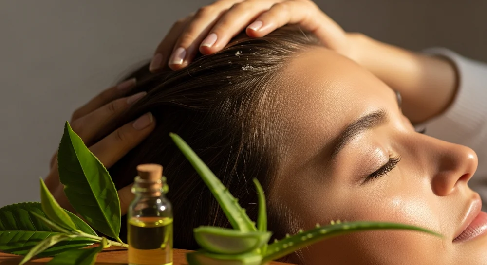 زن با پوسته‌های شوره روی مو، در حال آرامش؛ درمان طبیعی و دارویی شوره سر و خارش.