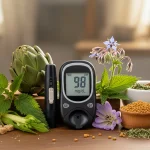 دستگاه قند خون و گیاهان دارویی نماد مدیریت و کنترل قند با طبیعت.