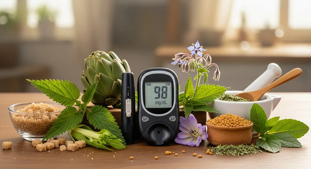 دستگاه قند خون و گیاهان دارویی نماد مدیریت و کنترل قند با طبیعت.