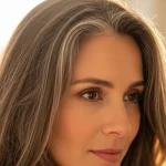 زن زیبا با رگه های طبیعی سفیدی مو و نور گرم؛ درمان و سفید شدن زودرس موها.