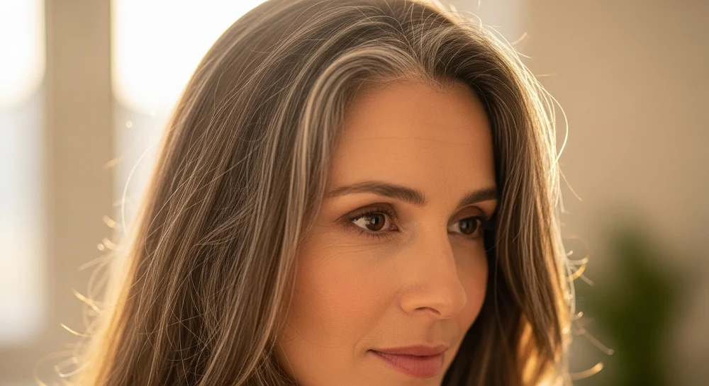 زن زیبا با رگه های طبیعی سفیدی مو و نور گرم؛ درمان و سفید شدن زودرس موها.