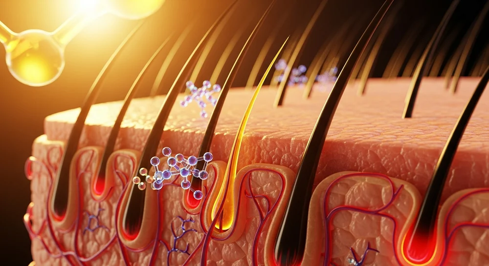 نمای میکروسکوپی فعال پوست سر؛ احیای فولیکول‌های مو و بهبود جریان خون.