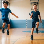 تصویر واقعی دانش‌آموزان دارای اضافه‌وزن در حال انجام تمرینات HIIT (تناوبی شدید) در محیطی شاد برای کاهش چاقی.