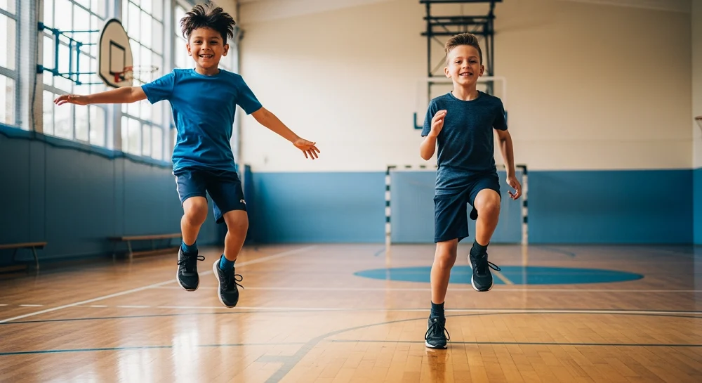 تصویر واقعی دانش‌آموزان دارای اضافه‌وزن در حال انجام تمرینات HIIT (تناوبی شدید) در محیطی شاد برای کاهش چاقی.