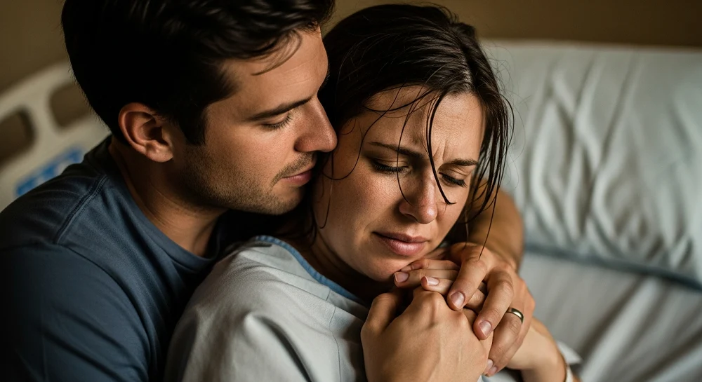 همسر در حال حمایت عاطفی و فیزیکی از مادر در حال زایمان برای کاهش ترس و اضطراب.