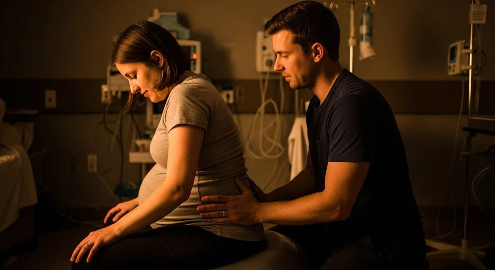 ماساژ کمر زن باردار توسط همسر برای کاهش درد زایمان طبیعی و افزایش آرامش