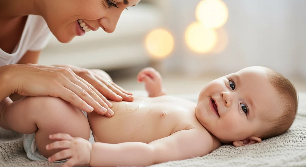 تصویر واقعی مادر در حال ماساژ ملایم نوزاد برای تقویت دلبستگی و خواب بهتر