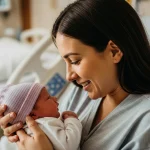 مادر آرام پس از زایمان بی‌درد و در آغوش گرفتن نوزاد؛ پیشگیری از افسردگی پس از زایمان.