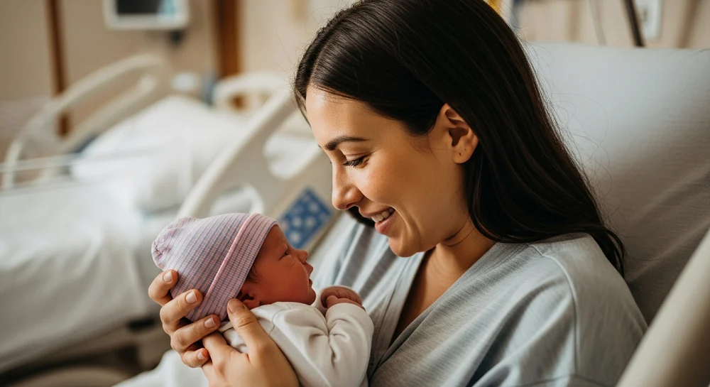 مادر آرام پس از زایمان بی‌درد و در آغوش گرفتن نوزاد؛ پیشگیری از افسردگی پس از زایمان.