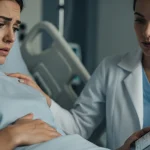 مادر نگران به دلیل درد شکم پس از زایمان و علائم پارگی مثانه.