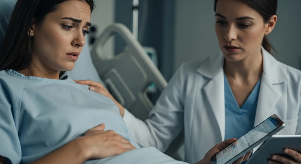 مادر نگران به دلیل درد شکم پس از زایمان و علائم پارگی مثانه.