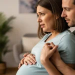 زن باردار مضطرب در حال دریافت حمایت عاطفی از همسر برای درمان ترس شدید از زایمان (توکوفوبیا).