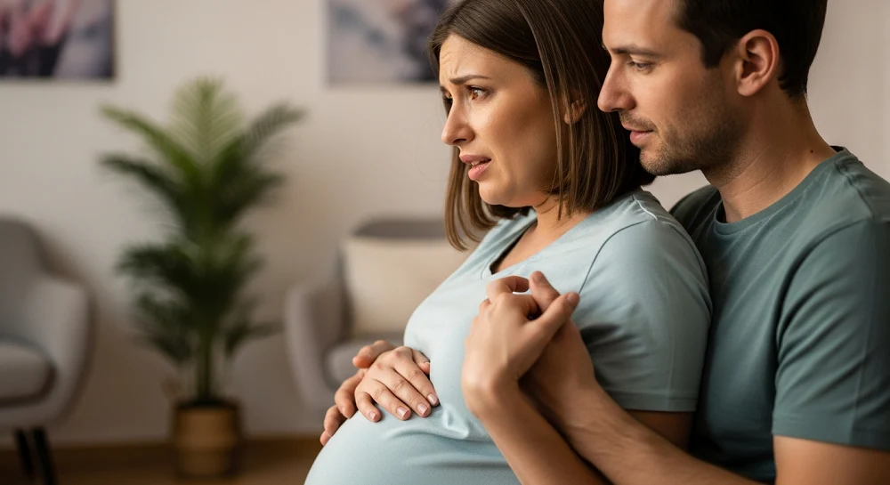 زن باردار مضطرب در حال دریافت حمایت عاطفی از همسر برای درمان ترس شدید از زایمان (توکوفوبیا).