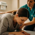 مادر در وضعیت سجده (چهار دست و پا) برای کاهش درد و تسریع زایمان طبیعی.