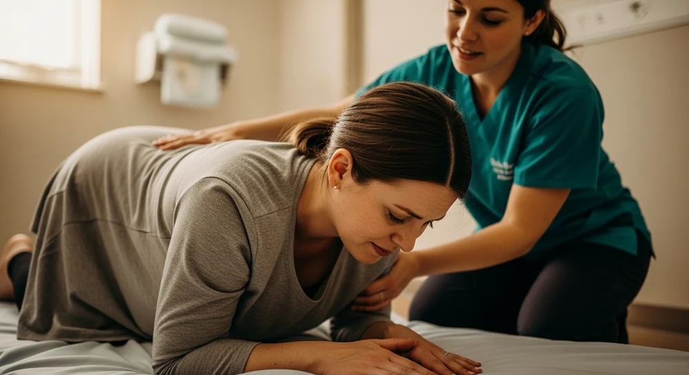 مادر در وضعیت سجده (چهار دست و پا) برای کاهش درد و تسریع زایمان طبیعی.