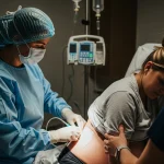 متخصص بیهوشی در حال تزریق بلوک سدل برای زایمان بی‌درد مادر.