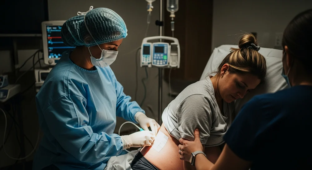 متخصص بیهوشی در حال تزریق بلوک سدل برای زایمان بی‌درد مادر.
