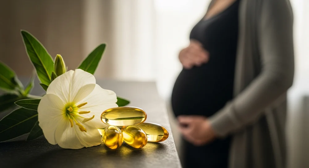 کپسول های گل مغربی برای زایمان و یک مادر باردار در تصویر قرار دارد.