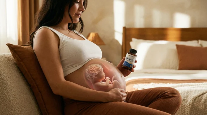 مادر باردار با مکمل Cerecin در دست، شکم شفاف با تصویر جنین و مغز در حال رشد.