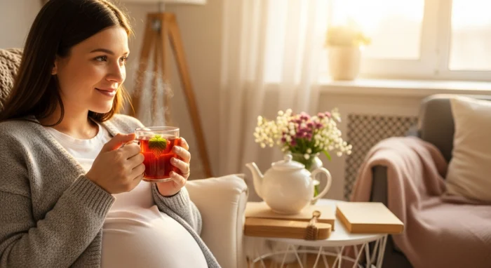 مادر باردار در سه‌ماهه سوم در حال نوشیدن دمنوش برگ تمشک سرخ برای آمادگی زایمان.