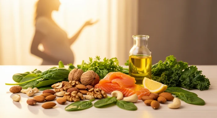 تقویت تخمدان و بارداری سریع با تغذیه؛ شامل امگا ۳ (سالمون و روغن) و سبزیجات برگ سبز