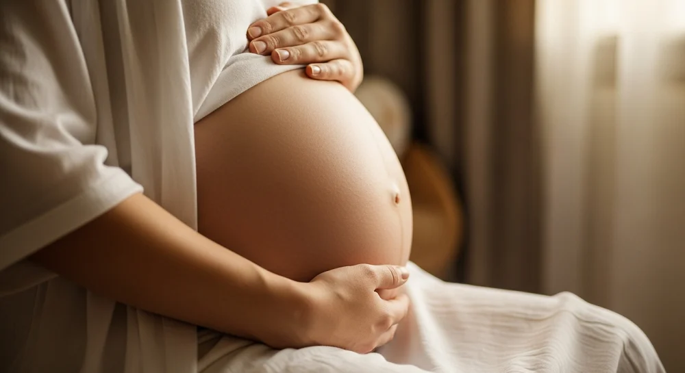 عکس واقعی از شکم بزرگ زن باردار در اواخر سه ماهه سوم، با دست هایی که به آرامی شکم را نوازش می کنند، در نور طلایی و گرم.